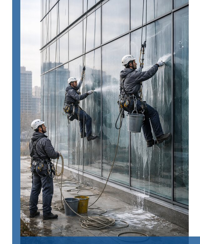 Промышленная мойка панорамных окон на высоте в Междуреченске