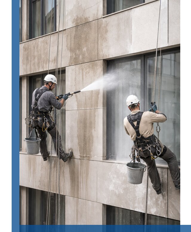 Послестроительная мойка фасада промышленным альпинизмом в Междуреченске