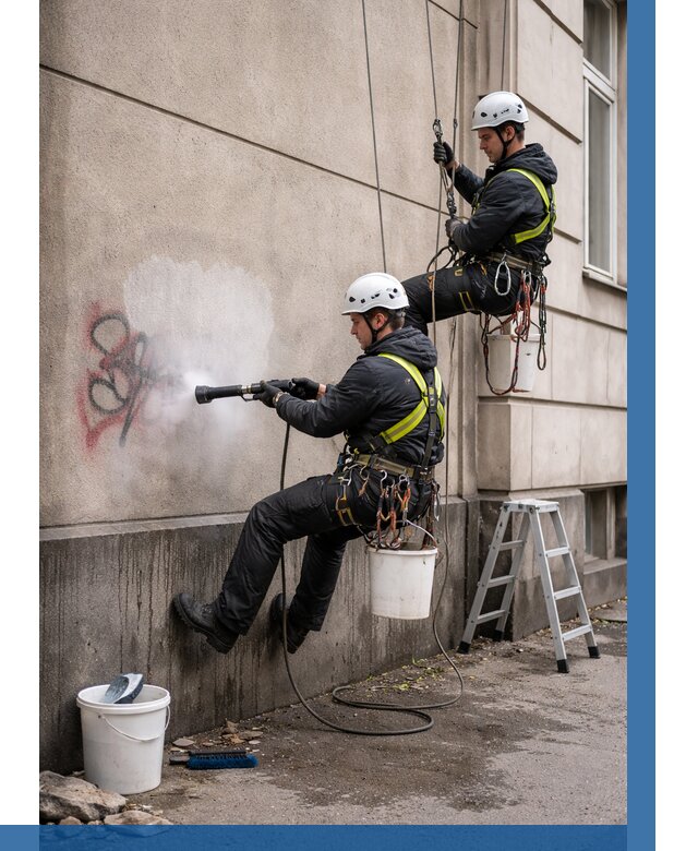 Удаление граффити с фасада в Междуреченске от 4547 р. | ВЫСОТНИК-Мжд