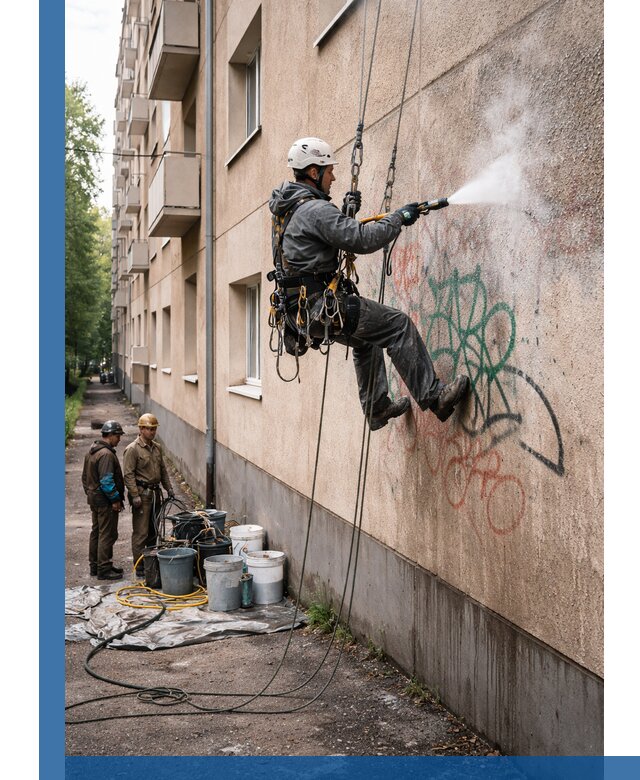 Удаление граффити с фасада в Междуреченске без следов и повреждений