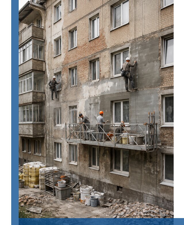 Капитальный ремонт фасада в Междуреченске с восстановлением и гидроизоляцией