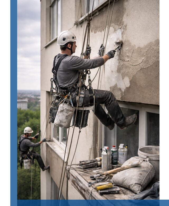 Косметический ремонт фасада зданий в Междуреченске промышленными альпинистами