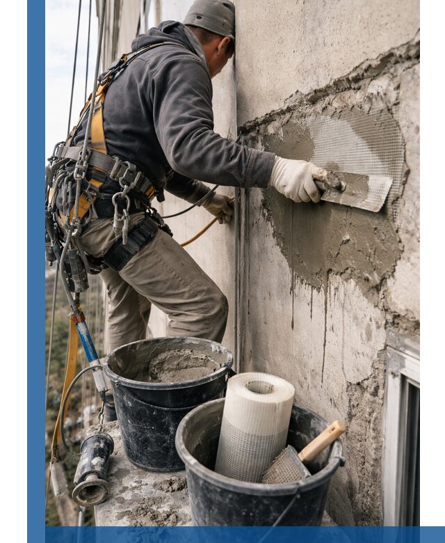 Ремонт бетонных элементов фасада промышленными альпинистами в Междуреченске