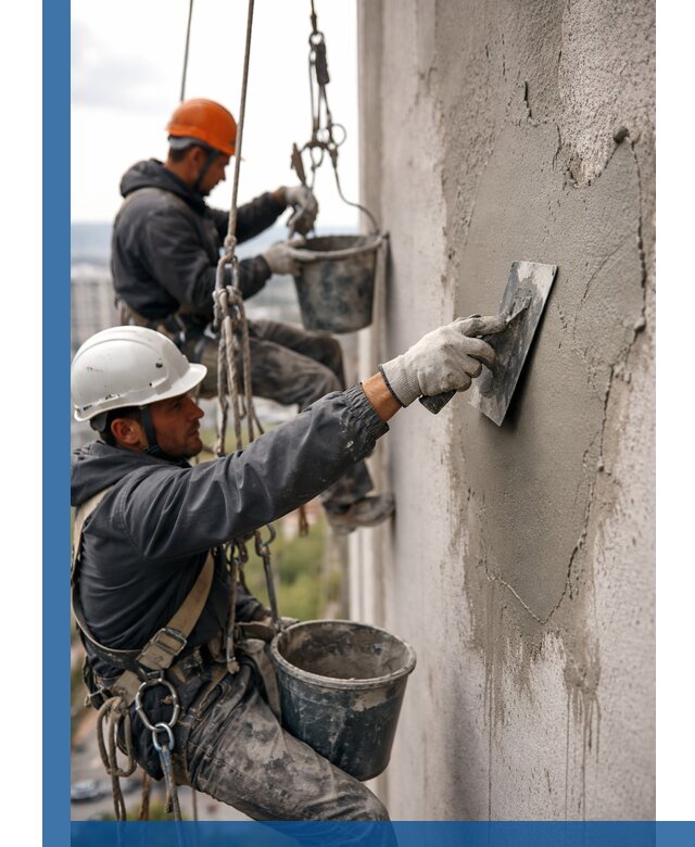 Штукатурка фасада на высоте в Междуреченске профессиональные работы