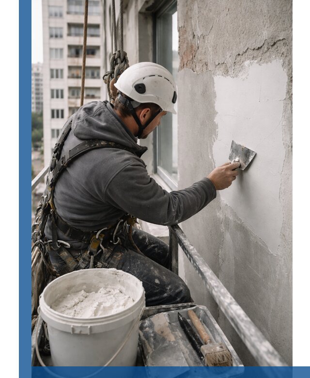 Шпаклевка фасадов на высоте с промальпинистами в Междуреченске