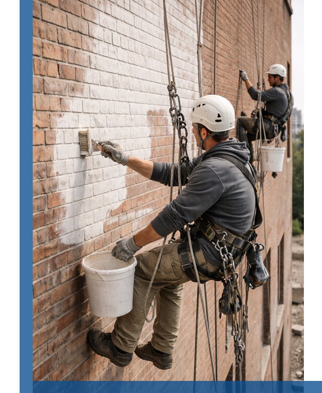 Покраска кирпичного фасада с доступным альпинистским сервисом в Междуреченске