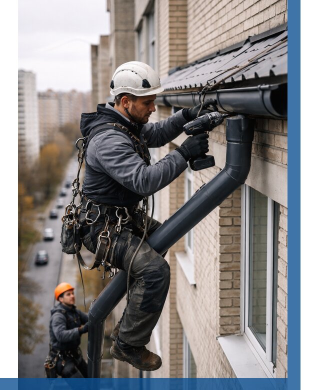 Монтаж водосточной системы на здании в Междуреченске от 5053 р. | ВЫСОТНИК-Мжд