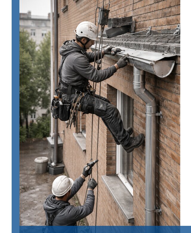 Монтаж водосточной системы на здании в Междуреченске под ключ