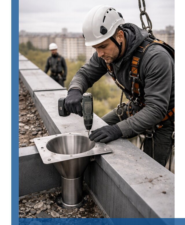 Монтаж водосточных воронок в Междуреченске для промышленных зданий