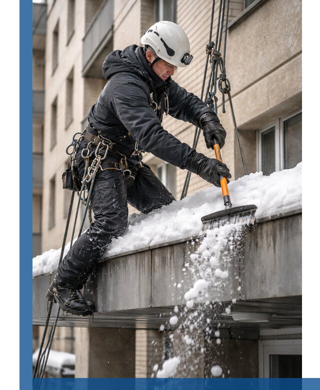 Очистка козырьков от снега в Междуреченске круглогодично безопасно