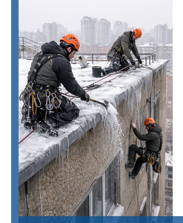 Удаление наледи с кровли в Междуреченске промышленными альпинистами