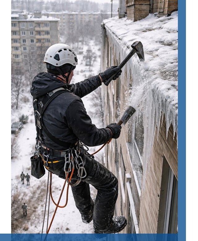 Сбивание сосулек с крыши в Междуреченске по цене от 4547 р. | ВЫСОТНИК-Мжд