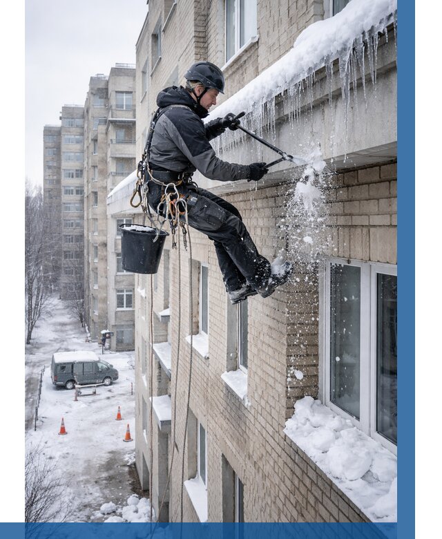 Удаление наледи с карнизов в Междуреченске от 354 р. | ВЫСОТНИК-Мжд