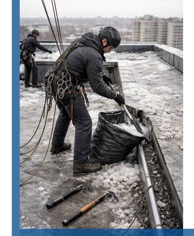 Аварийная очистка кровли в Междуреченске от промальпинистов