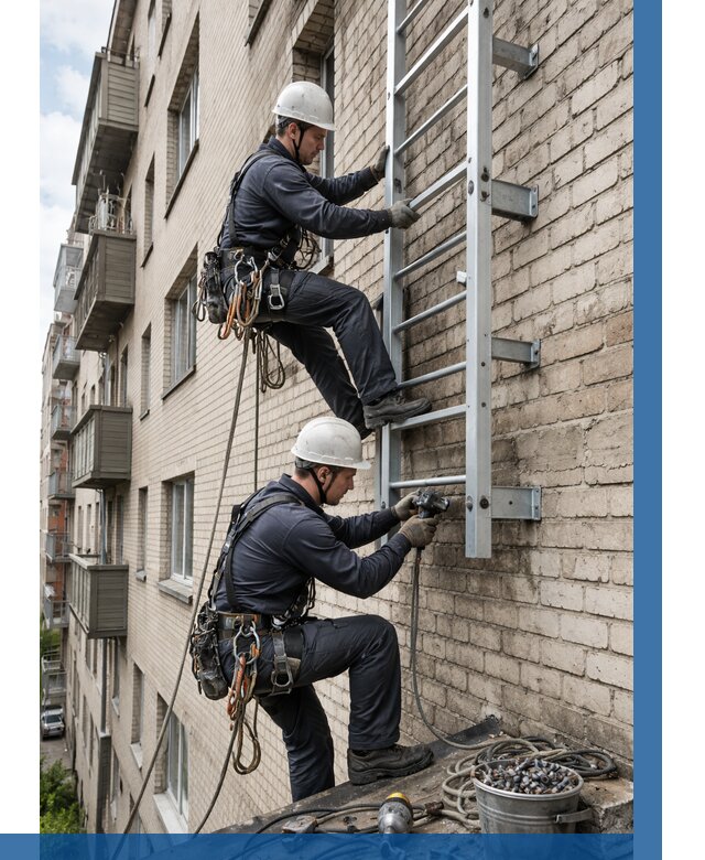 Монтаж пожарной лестницы в Междуреченске от 25263 р заказать у ВЫСОТНИК-Мжд