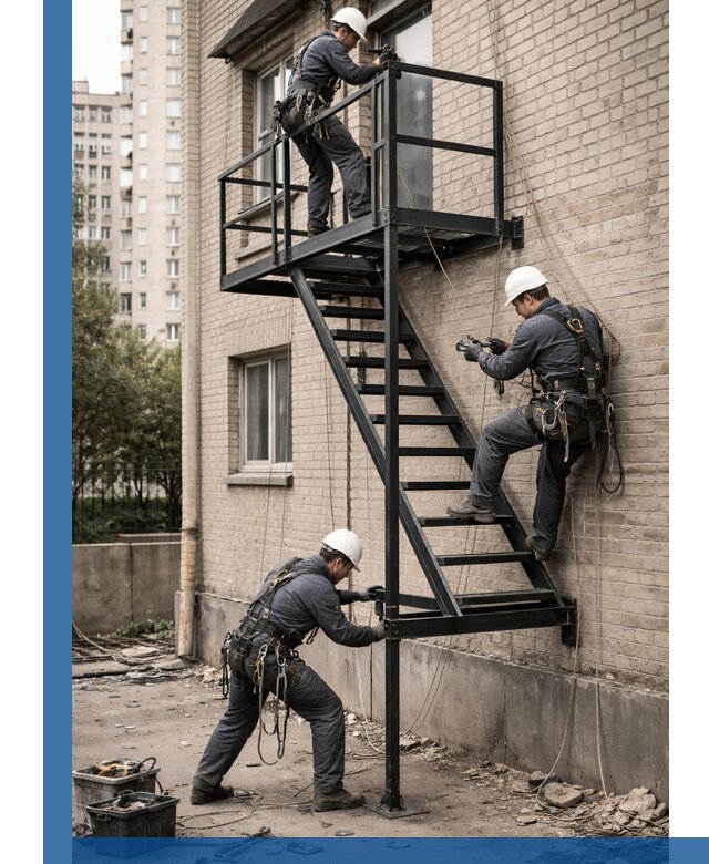 Монтаж пожарной лестницы в Междуреченске, установка и крепление