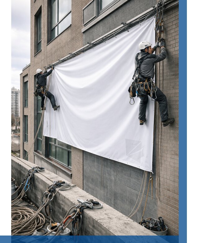 Монтаж баннеров на фасаде в Междуреченске от 657 р. заказать ВЫСОТНИК-Мжд