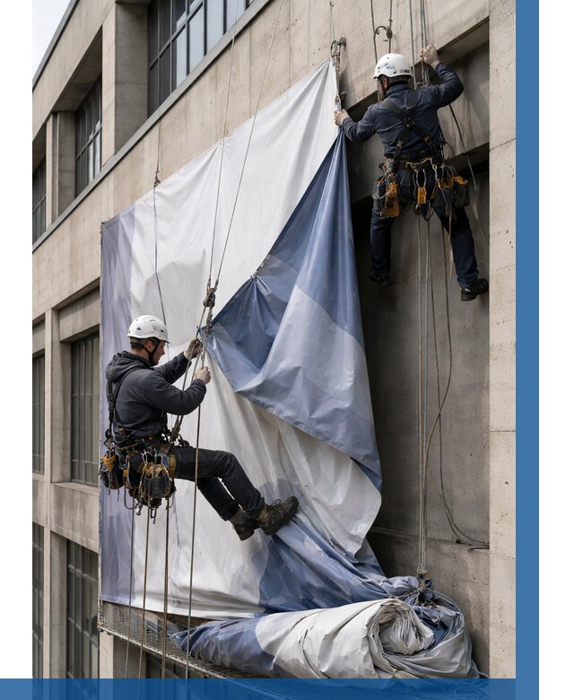 Демонтаж баннеров с фасада в Междуреченске от 4547 р. | ВЫСОТНИК-Мжд