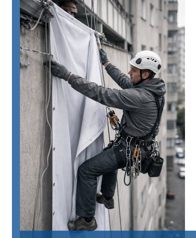 Замена баннерного полотна промышленными альпинистами в Междуреченске