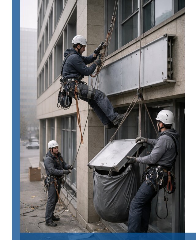 Демонтаж рекламной вывески с высотными работами в Междуреченске