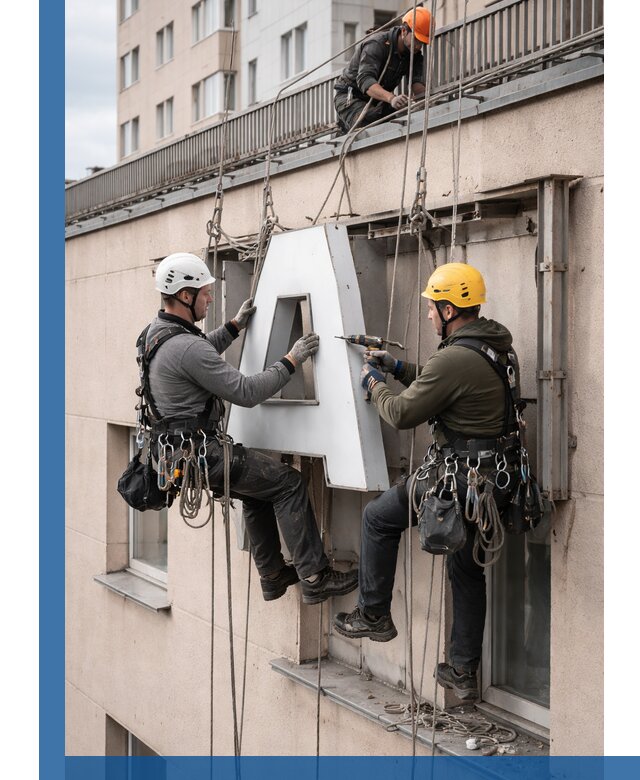 Ремонт и восстановление наружных вывесок на высоте в Междуреченске