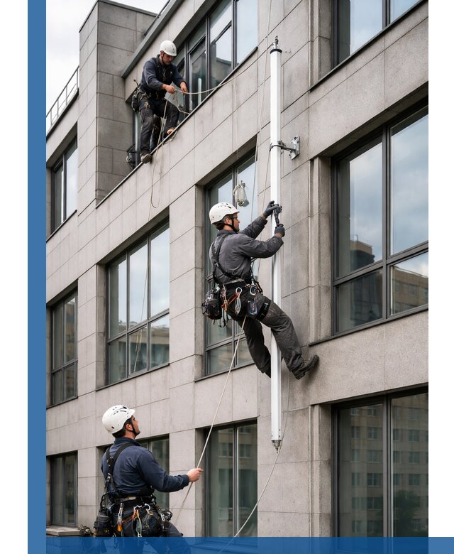 Монтаж флагштока на фасаде здания с креплением и герметикой в Междуреченске