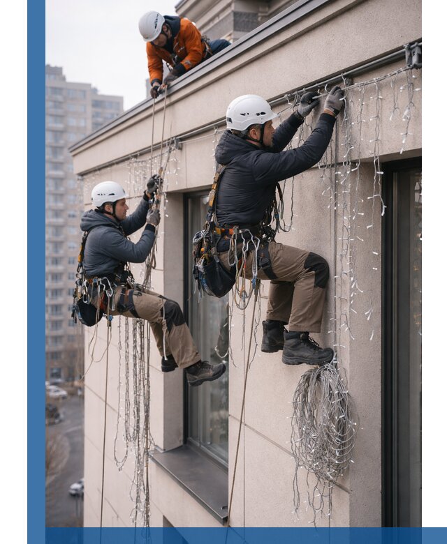 Монтаж праздничных гирлянд на фасаде в Междуреченске для зданий