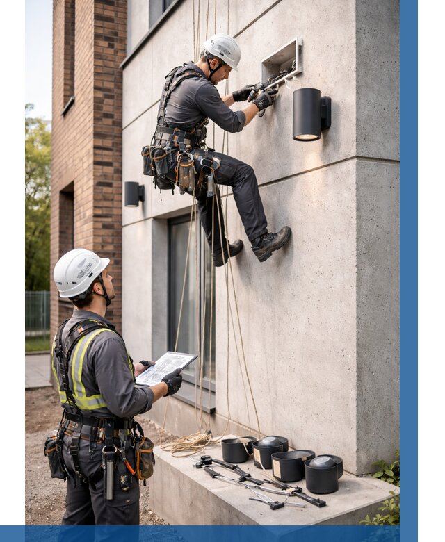 Монтаж фасадного освещения в Междуреченске от 2526 р. | ВЫСОТНИК-Мжд