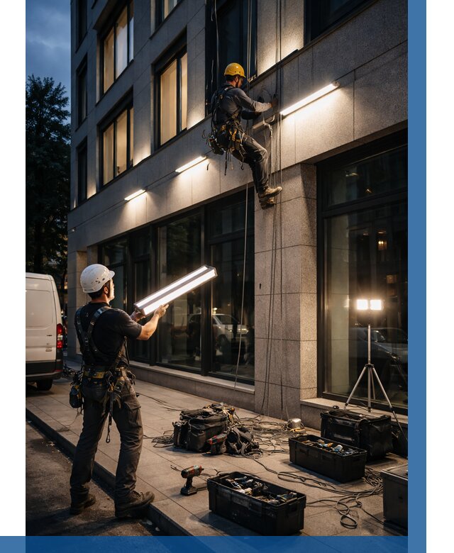 Монтаж архитектурной подсветки здания в Междуреченске от 2526 р.|ВЫСОТНИК-Мжд