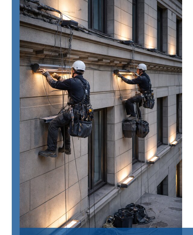 Монтаж архитектурной подсветки фасадов зданий в Междуреченске