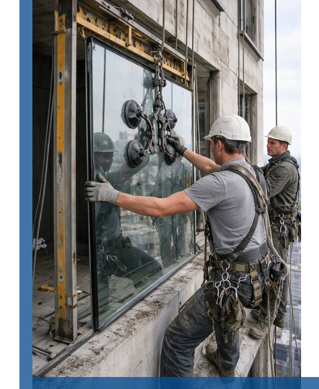 Монтаж стеклопакетов на высоте в Междуреченске с промышленным альпинизмом