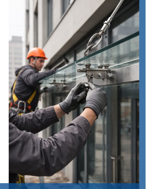 Монтаж стеклянных козырьков в Междуреченске от 8589 р. | ВЫСОТНИК-Мжд