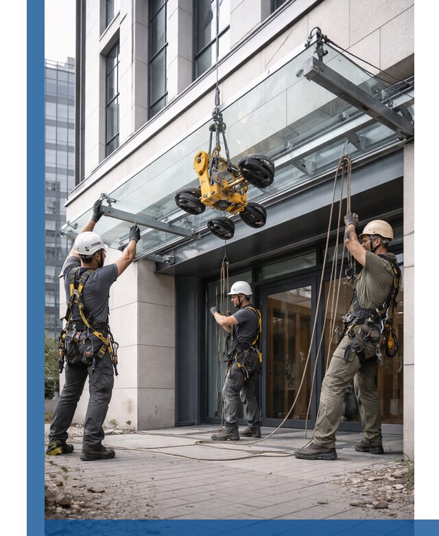 Монтаж стеклянных козырьков под ключ в Междуреченске для зданий