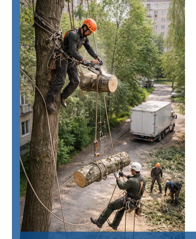 Спил деревьев альпинистами в Междуреченске, безопасно и без повреждений