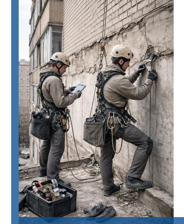 Обследование фасада промышленными альпинистами в Междуреченске